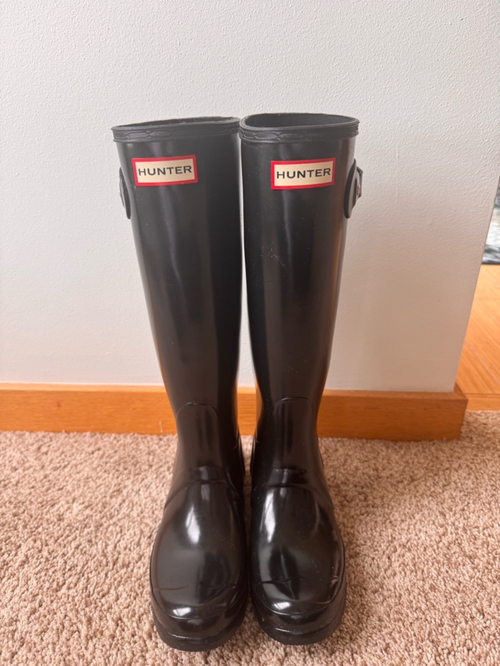 Hunter Glossy Black Knee-High Rain Boots with Logo